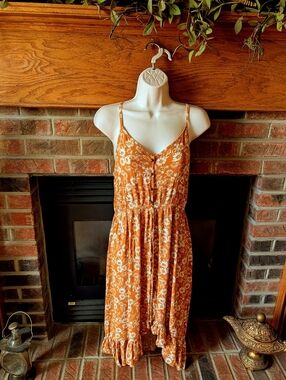 Women’s Mustard Floral Spaghetti-Strap Sundress Size Large